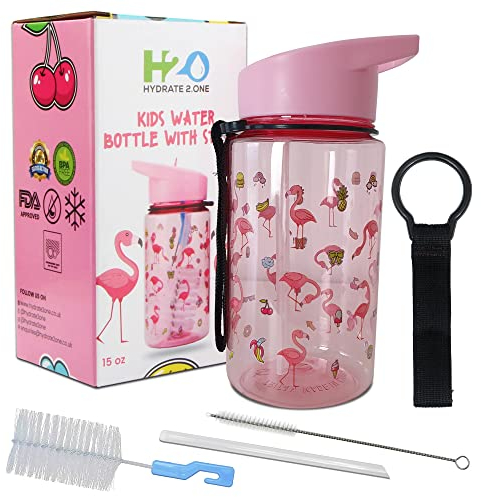 HYDRATE 2.ONE Kids Water Bottles for Boys and Girls with Cleaner Brushes, 400 ml Flamingo Water Bottle 100% Leak Proof | BPA Free | Flip Nozzle Water Bottles with Straw for Hot and Cold Drinks