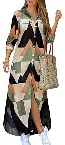 YMING Femme Robe Longue à Manches Longues avec Poches sur Le Devant Robe Fendue Robe Boutonnée Triangle M