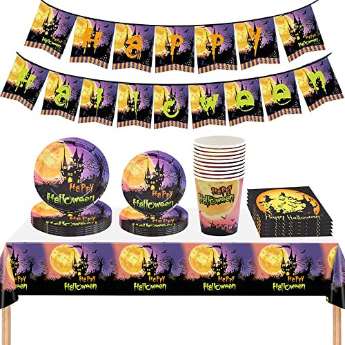 BlinBlin Halloween Stoviglie Feste, Articoli per Feste di Halloween, Confezione per Stoviglie di Halloween, Tovaglioli Piatti Tazza Tovaglia Striscione per 20 Ospiti