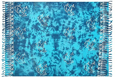 Pareo Sarong Strandtuch Damen - Wickelrock Strand - Handtuch Blickdicht als Wickeltuch oder Handtuchkleid und Wickelkleid Damen - Handarbeit aus Fair Trade Herstellung Batik Delfin Türkis Batik