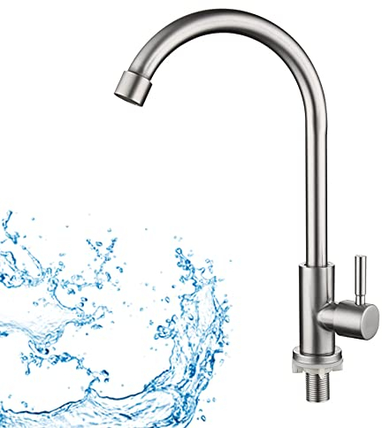 Wasserhahn Küche, Einhand Wasserhahn, Kaltem Wasser Wasserhahn, 360°Drehbar Kaltwasserhahn, Wasser-Kaltwasserhahn Edelstahl, 360°Schwenkbar, für Kaltem Wasser, für Küche und Spül (Silber)