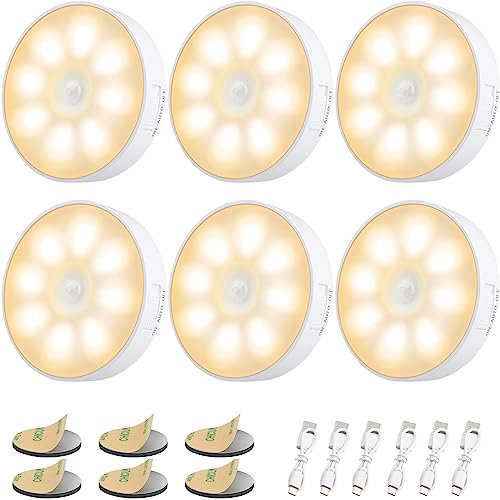 Electight Motion Sensor Lights Indoor, 6 Pack Night Light Stick on Wall Type-C USB Rechargeable Battery, Cordless Stair Lights with Magnetic Base, Puck Light for Cupboard, Wardrobe-Warm Yellow