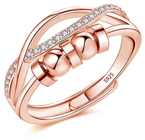 Kamise Silber Anxiety Ring, 925 Sterling Silber Angst Damen Ringe, Offen Einstellbar Anti-Stress Ring Dekompressionsringe Rose Gold, Unendlichkeit Fidget Spinner Stimmungsring Zappelring mit Perlen