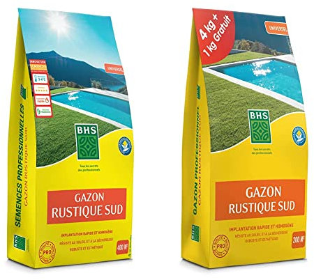 BHS GRS10, 10kg, 400 m², Gazon Rustique Sud, Gazon plus résistant et mieux protégé, Résistance aux conditions sèches grâce à la Fétuque élevée Homogène & GRSP4 Gazon Rustique Sud 5 kg | Soit 200 m²
