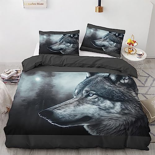 GEDAEUBA Wolf Bettwäsche 155x220 Sommer - 3D Tiere Bettbezug 155x220 3 teilig, Wendebettwäsche und Kissenbezug 80x80, Weiche & Atmungsaktive Mikrofaser Bettwäsche-Sets mit Reißverschluss