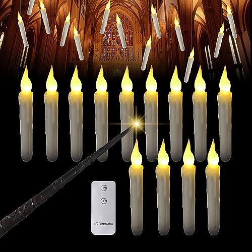 Gobesty Flammenlose Spitzkerzen Mit Zauberstab, 12 Stück LED Kerzen Flackernd, Schwebende Kerzen, Led Flammenlose Flackernde Stabkerzen Für Halloween Weihnachten Geburtstag Hochzeit Party, Warm Light