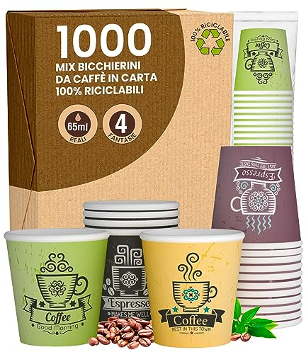 1000 Bicchierini in Carta da caffè 65ml CuzcoCUP Mix Bicchieri Ecologici Biodegradabili Monouso Piccoli Asporto Bevande Calde