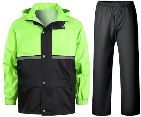 Yukirtiq Herren Regenanzug Outdoor Reflektierende Wasserdichte Anzug Fahrrad Regenjacke und Regenhose Regenbekleidung Regenkombi für Angeln Wandern Hundesport, Grün+Schwarz, XL