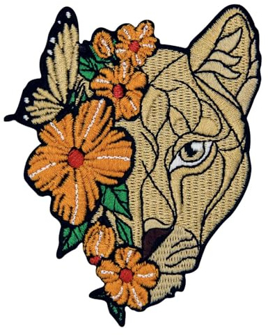 Aufnäher, bestickt, Design: Löwe mit Blume, zum Aufbügeln oder Aufnähen