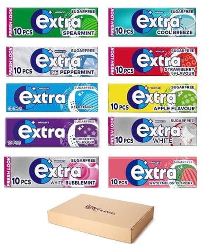Extra Chewing Gum 10 x Sugar Free Selection Fresh Bulk box All Mix Flavours - Peppermint, Watermelon, Strawberry, Ice, Apple, White, Cool Breeze, Bubblemint, Blueberry, Spearmint Sold by VR Angle