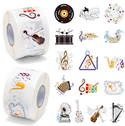 GROBRO7 Musik Aufkleber Rollen Set - 1000 Stück Musikalische Note Aufkleber, 16 Stile Cartoon geformte Belohnungsaufkleber Niedliche Scrapbook Laptop Gitarre Dekor für DIY Labels Crafts Gift Pack Wrap