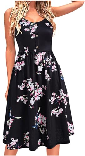 Yageshark Sommerkleid Damen Einfarbig Spaghetti Swing Knielang A-Linien Knopf Kleid Midikleid