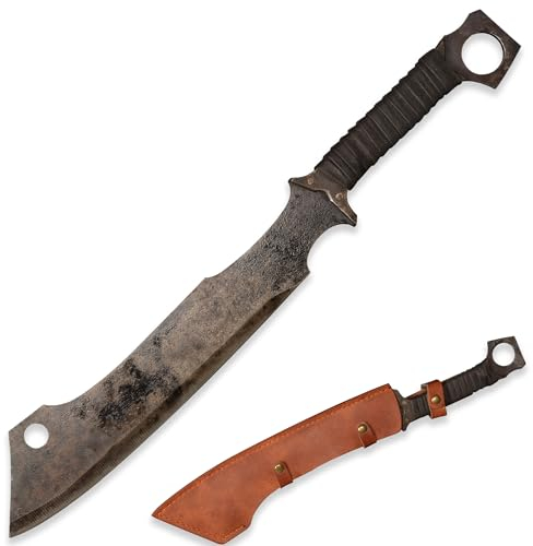 LQZJG 0182 Handgemachte Guss Mangan Stahl 52HRC Machete scharf, Full Tang, Outdoor Wandern, Jagd, Camping, Wandern, Überleben, Lederscheide, 19.9 Zoll