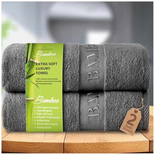 GC GAVENO CAVAILIA Extra Soft Bamboo Bath Sheets Charcoal, 80x140cm, 2 Pack | Extra Large 500 GSM, 60% Bamboo 40% Cotton, Highly Absorbent, Hypoallergenic, For Spa, Gym and Hotel