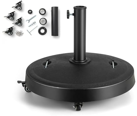KOMFOTTEU Base de Sombrilla con Ruedas, Soporte para Poste de Sombrilla φ38/48mm, Pie Soporte de Parasol de Resina 23kg, Base Redonda Móvil φ52cm para Jardín, Terraza, Patio