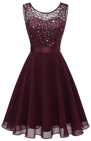 Berylove Élégante robe de cocktail sans manches, pour femme, en dentelle et mousseline de soie, pour les soirées et les mariages, L