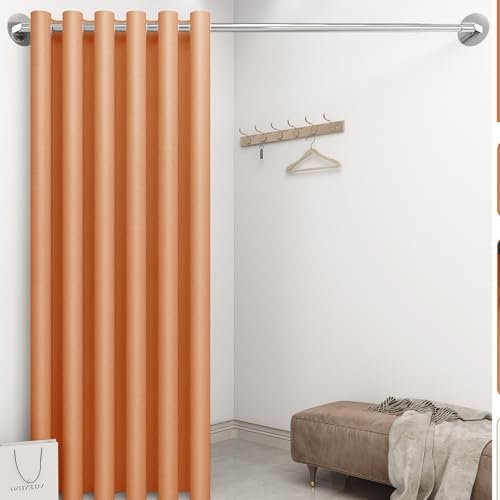 Elitix Paravent Raumteiler Einziehbarer Raumteiler, Sichtschutz, Winkel Einstellbar, Eckstützstange mit Vorhang für Schlafzimmergarderobe, Ausziehbare Gardinenstange(Orange,120-150cm)