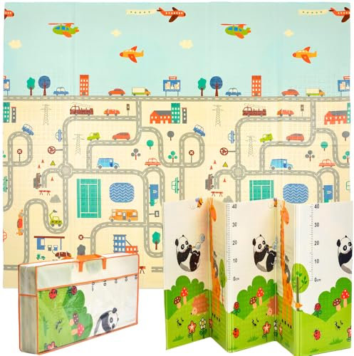 LITTLE STORY Kindermatte, Doppelseitige Schaum Matte zum Racheln Lernen, Doppelseitig, XXL, Faltbar, Geruchsneutral, XPE Schaumstoff, Zwei Verschiedene Muster (große Straße/Pandas)
