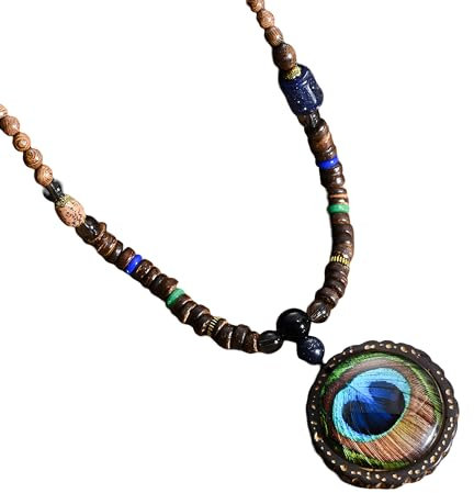 Girls accessories Hippie-Halskette aus 925er Sterlingsilber für Damen und Herren, Halskette mit Friedensanhänger, Boho-ästhetische Quaste, Vintage-Holzperlen, böhmische Pulloverkette, lange Halsketten