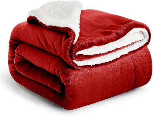 Casabella Sherpa Fleece Blanket - Blankets and Throws for Sofa Bed - Thick Warm Throw Blanket for Queen Bed - Soft Fluffy Bedding, Travel Accessories - Queen, Burgundy, 200X220cm