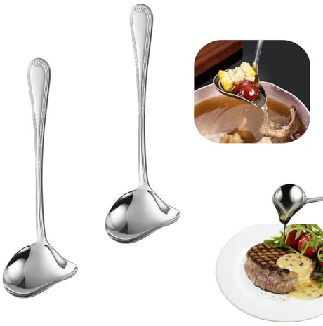 2 PCS Gravy Ladle Professional Soup Ladle Ladle Spoon Soup Spoon Long Handled Stainless Steel Sauce Soup Spoon with Pour Spout for Kitchen Tool,Soup Sauces, Gravies(8.07inch,Silver)