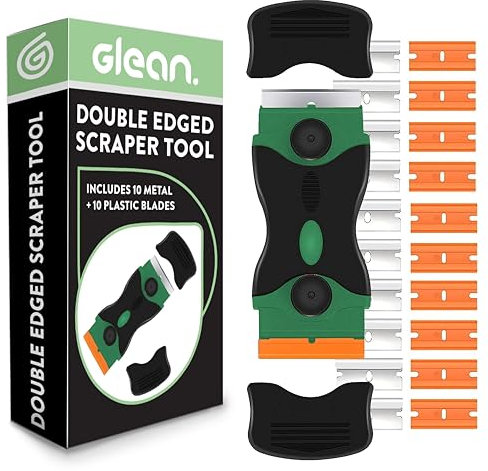 GLEAN Multi-Surface Scraper Cleaning Tool Non Scratch | 10 Metal + 10 Plastic Blades | Hob Scraper Tool for Glass, Ceramic Cooktops, Ovens & More | Removes Burnt on Food, Grease, Stickers & Paint
