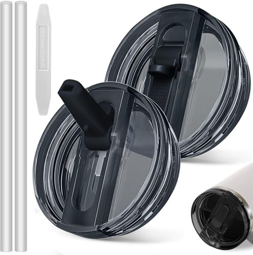 40oz Leakproof Lids for Stanley Cup - Tumbler Detachable Flip Straw Lid,Lids Replacement for Stanley Cups,Travel Cup Accessories,Set with Cover,Straw,Non Spill Lid, Detachable Tool (Black-2PCS)