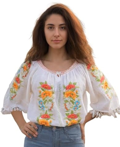 PURPLE TOMATO Blusa tradicional rumana bordada para mujer, Flores de colores, M