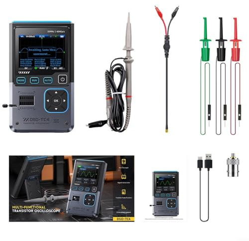EpheyFIF DSO-TC4 3-in-1 Digitales Oszilloskop, 48 MSa/s 10 MHz Bandbreite, Transistor-Tester, Signalgenerator, mit 7,1 cm TFT-Bildschirm, wiederaufladbarer Akku, für elektronische Komponententests