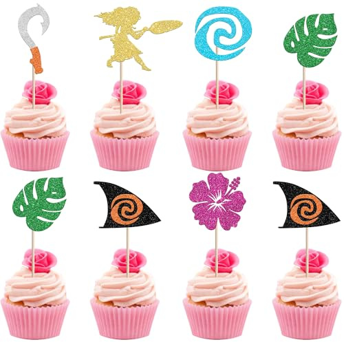 30 Stück Moana Tortendeko Glitzer Blatt Blume Kuchen Deko Palmen Monstera Cupcake Toppers für Tropische Hawaiian LuauTheme Baby Dusche Kinder Geburtstag Party Cupcake Dekorationen