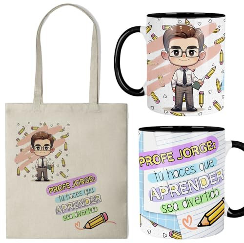 Kembilove® Taza y bolsa profesor personalizada – Regalo original fin de curso – Diseño dibujo animado “Tú haces que aprender sea divertido”