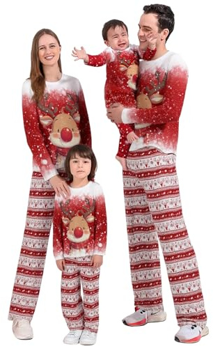 WUDEUI Set di pigiami natalizi coordinati per la famiglia, pigiami a maniche lunghe, pigiameria da notte, pigiami per le feste di Natale con tasche, Alce rossa., 2-3 Years
