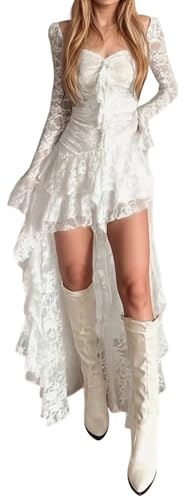 Duohropke Robe en dentelle pour femme - Design irrégulier - Taille haute - Couleur unie - Robe élégante - Manches longues - Avec col carré - Robe d'été, Blanc., L