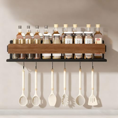 ZLLkeji Gewürzregal Wand Holz Küchenregal Hängend mit 6 Haken Höheres und Breiteres Walnuss Gewürze Organizer Ohne Bohren & mit Schrauben