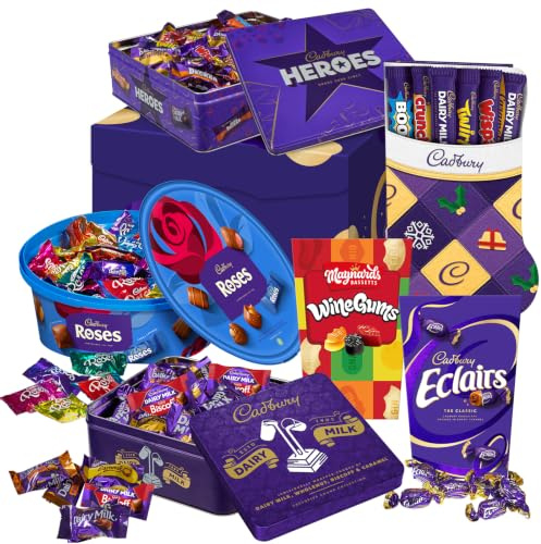 Cadbury Christmas Luxury Chocolate Hamper - by Cadbury Gifts Direct | Heroes Tin, Roses Tub, Chunks Tin, Wine Gums, Chocolate Eclairs and Stockings Selection Box