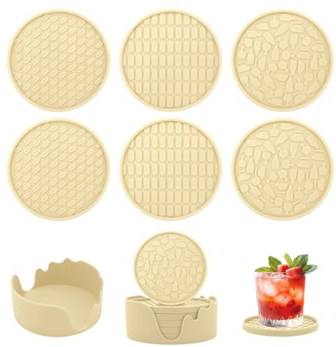 Silikon-Untersetzer mit Halter 6er Set, rund, Beige | Verdickt, Rutschfest, Hitzebeständig, Antihaftbeschichtet, Tiefes Tablett