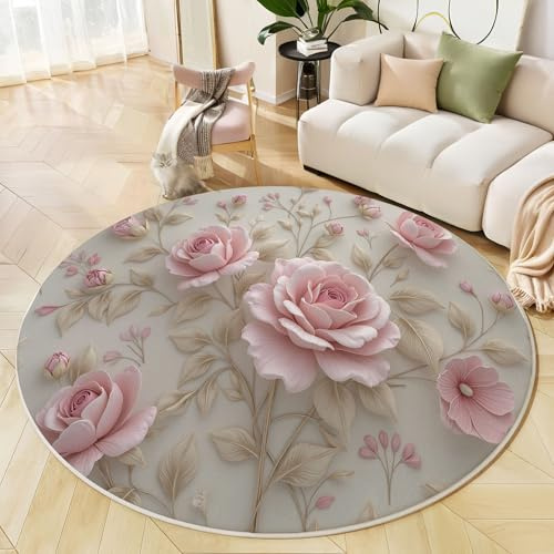 MLSOWM Rund Teppich Wohnzimmer 200cm Romantischer Stil Flanell Kurzflor Teppich 3D-Rose Teppiche Waschbarer Weichheit für Schlafzimmer, Wohnzimmer und Balkon, Creme