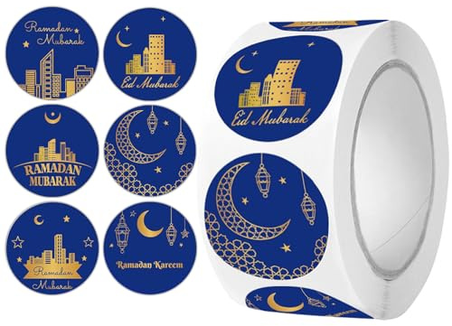 Ramadan Sticker,500 Stück Eid Mubarak Sticker Runder Mubarak Aufkleberrolle Selbstklebend Ramadan Etiketten Aufkleber Selbstklebende Eid Aufkleber für Umschläge Treat Bags