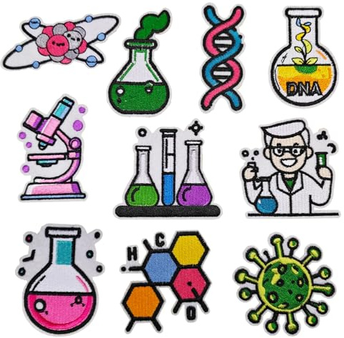 Qpout 10 Pcs Parches de Ciencia para Planchar, Kit de Parches Bordados de Ciencias QuíMicas para Laboratorio Decorativos para Ropa Sombreros Mochilas Jeans Chaquetas Gorras Manualidades Diy