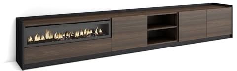 Skraut Home | Mobile TV Soggiorno | Ampio spazio a disposizione | 310x50x37 cm | Per TV fino a 80 | Camino elettrico | Stile moderno | Rovere scuro e Nero