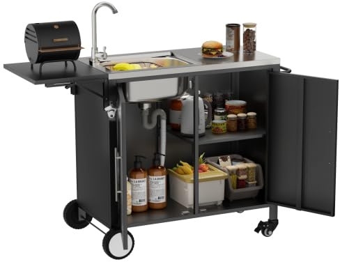 Table de barbecue avec évier intégré, îlot de cuisine extérieur avec plan de travail rabattable, chariot BBQ en métal avec armoire de rangement et roulettes, desserte pour jardin, terrasse et cour