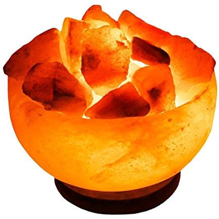 Salt Lamp Pink Crystal Light Himalayan Crystal Salt Natural IONES Therapeutic Fire USB Bowl Lamp with Chunks on Wooden Home Decor Accessory with Plug Fine for Men & Women
