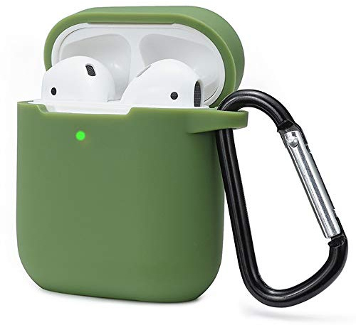 KOKOKA Schutzhülle für AirPods 2 & 1, Silikon-Schutzhülle für AirPods 2 & 1, sichtbare LED-Anzeige, unterstützt kabelloses Laden mit Karabiner, Grass Green