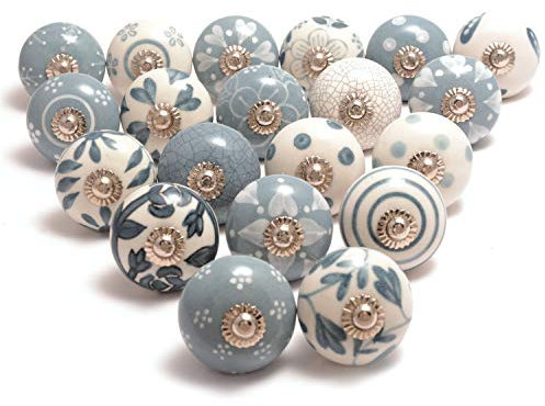 Eleet Assorted Ceramic Cabinet Knobs - Vintage Cabinet Cupboard Door & Drawer Pulls Chrome Hardware (Ceramic Knobs Set of 20, Grey & White)