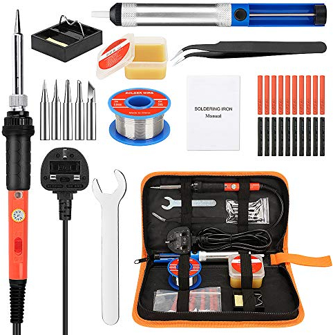 Soldering Iron Kit Electronic,60W Adjustable Temp 200-450°C and ON/Off Switch Soldering-Iron Welding Gun with Desoldering Pump,Electric Solder Iron Pen Set for Electronic Production/Soldering