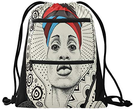 HMZXZ RXYY Tribal African Women Turban Drawstring Gym Bag with Zip Pocket Sackpack Drawstring Cinch Backpack Sports Backpack Daypack Travel Yoga for Men Women Boys Girls