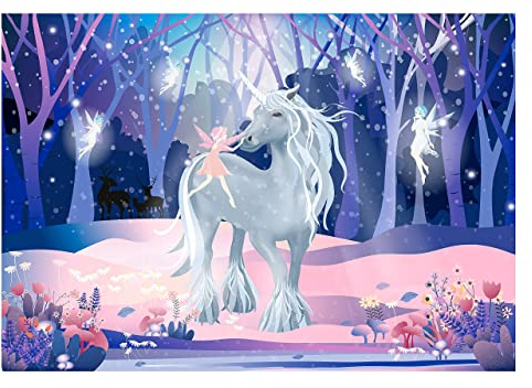 WallArena - Vlies Fototapete Kinderzimmer 254x184 cm Einhorn Mädchen Fee Märchen Fantasy Wald für Kinder - Fototapeten Tapeten für Kinder Kindertapete - Vliestapete Wandtapete Tapete 3D Effekt
