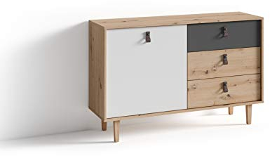 byLIVING Sideboard Bill/Kommode Artisan Eiche Optik hell-braun/Schrank mit 1 Tür und 3 Schubkästen/Fronten in weiß und grau/Schlaufen-Griffe/B 120, H 77, T 36,5 cm