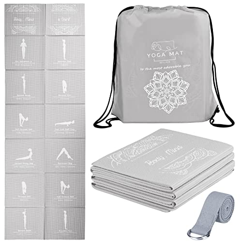 Faltbare Yogamatte für Frauen, rutschfeste Übungsmatte für Home Gym, Reise Yoga Set mit Stretch Strap für Yoga Pilates und Fitness, 173 x 61cm x 5mm dick (Grau)