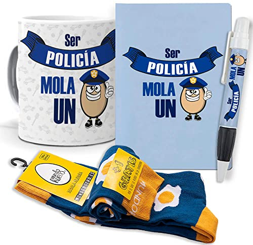 mundohuevo Super Regalo Personalizado para policías. Ser policía Mola un Huevo. Taza, libreta, boli y Trio de Calcetines
